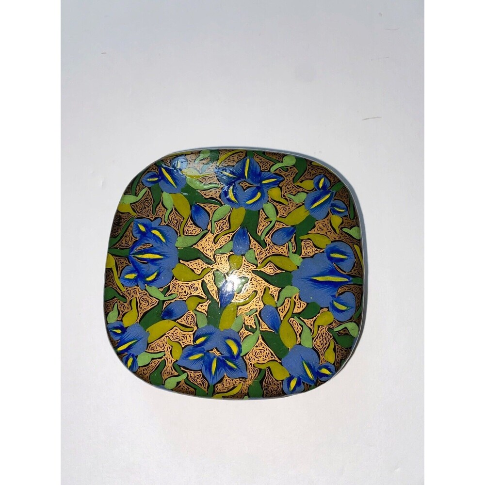 Hand Painted Wooden Box Irises Gold And Green Design - Picture 2 of 10
